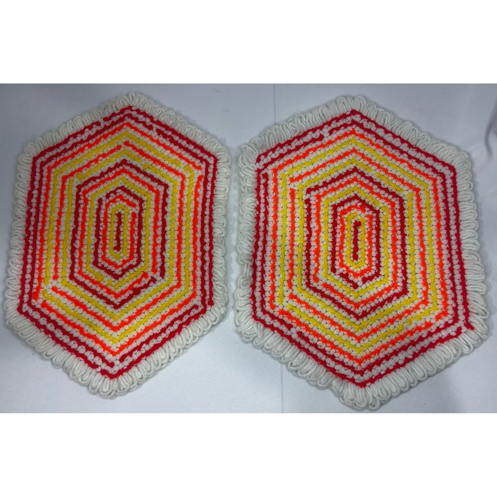 Vintage‎ Set 2 Crochet Placemat Doilies Red/Orange/Yellow/White Handmade